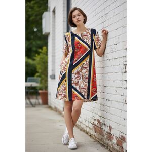 Cabi Paisley Geometric Tunic Top Women L NWT Boho Colorblock Red Navy Yellow